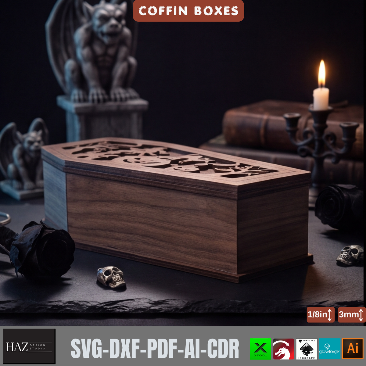 Halloween Coffin Box Laser Cut Template, Gothic Wood Keepsake Casket Pattern, Trick or Treat Candy Holder, Spooky Plywood Decor