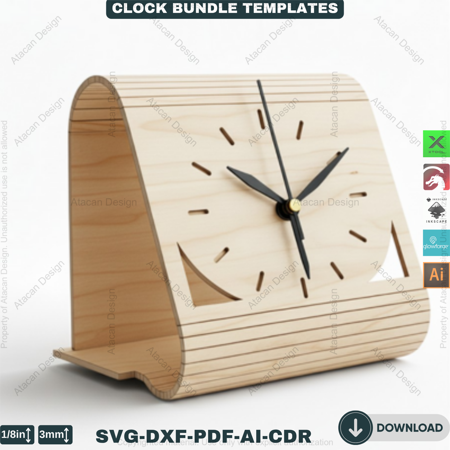 Laser Cut Clocks, Modern Desk Clock Templates, DIY Wooden Table Clock Plans, CNC File for Glowforge, Xtool & Lightburn 914