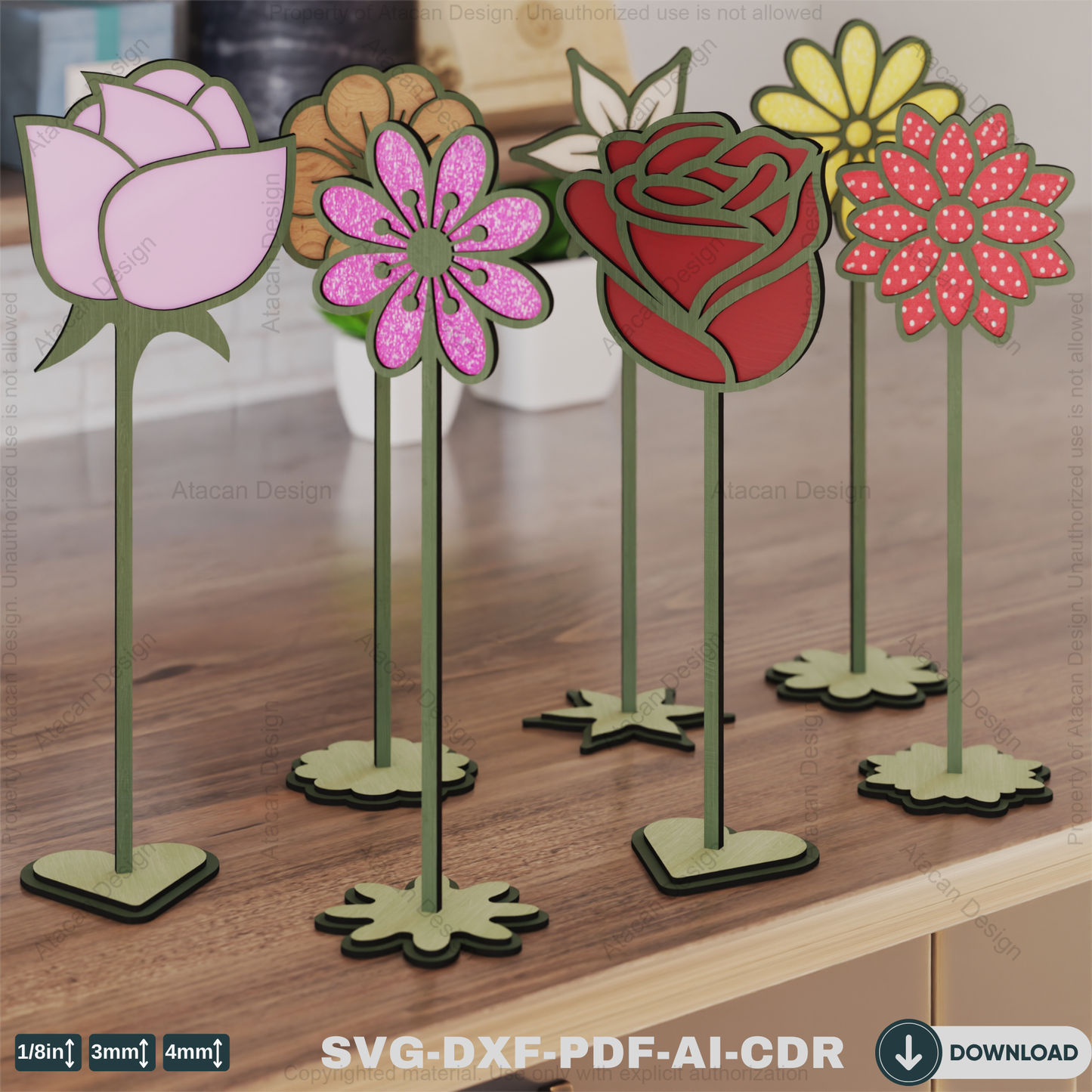 Wooden Stand Flowers Laser Cut Design | Decorative Wildflower Vector for Glowforge,Wildflower Decorative Stand Template 820