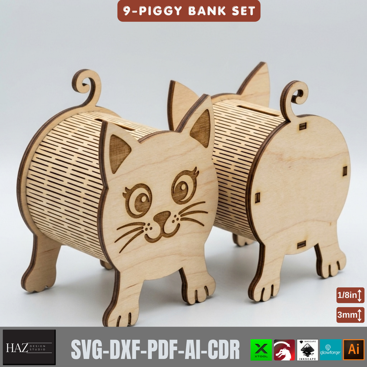 Wooden Animal Money Box Laser Cut Template, Cat Dog Pig Piggy Bank Set 574