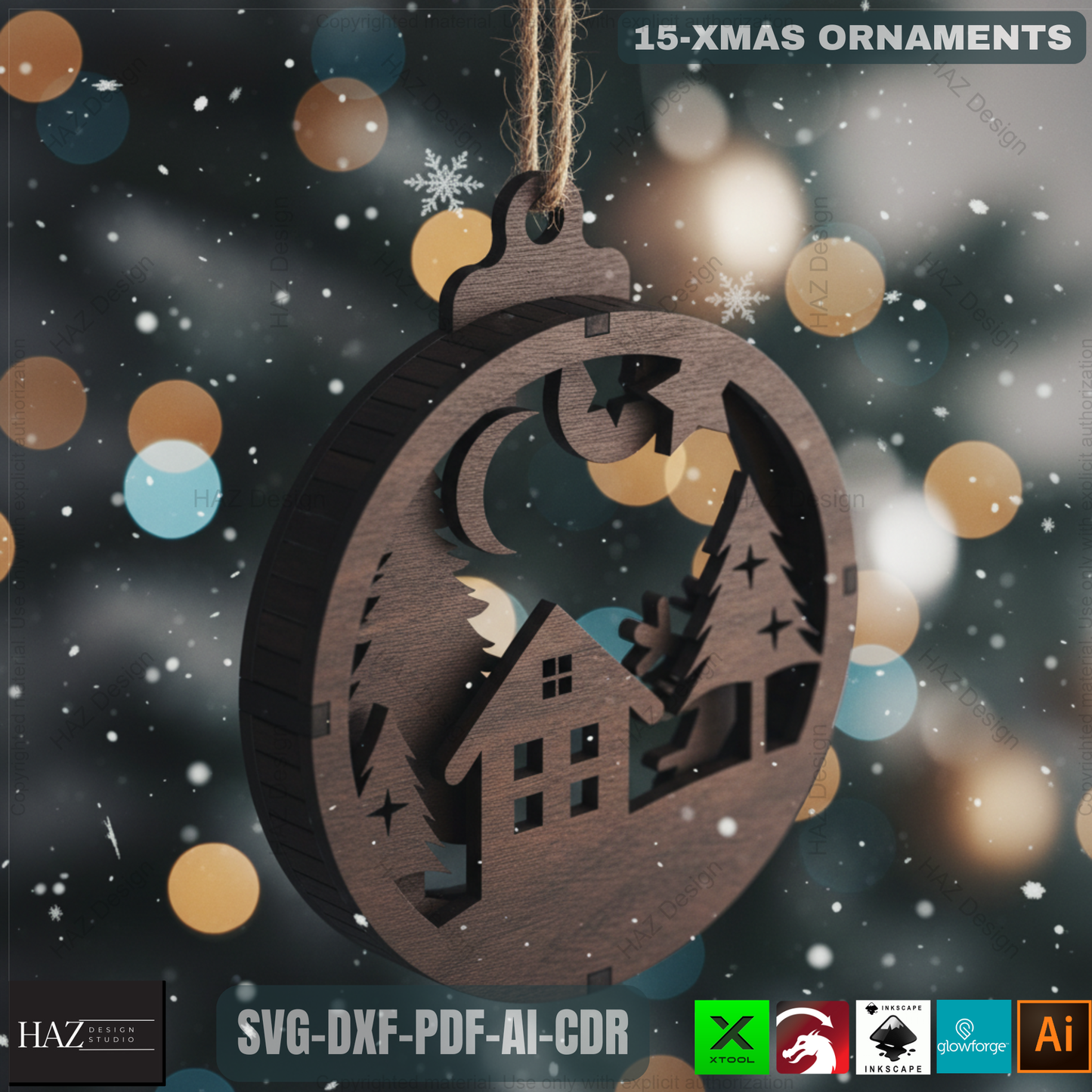 15 Layered Christmas Ornament Laser Cut Designs | Round Xmas Pendant Templates for DIY Holiday Decoration 486