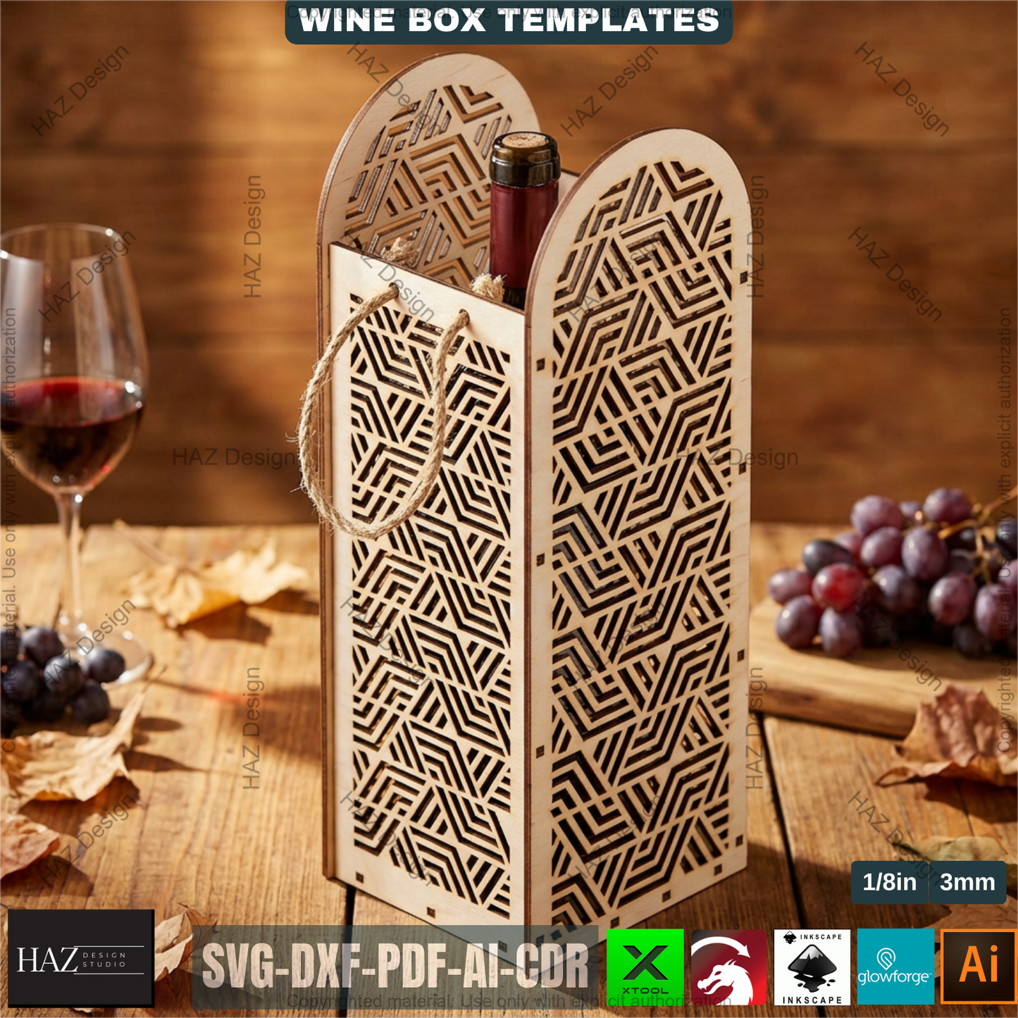 Laser Cut Wooden Wine Bottle Gift Box Bundle for DIY, Elegant Wine Carrier Templates for Laser Cutting Projects 512