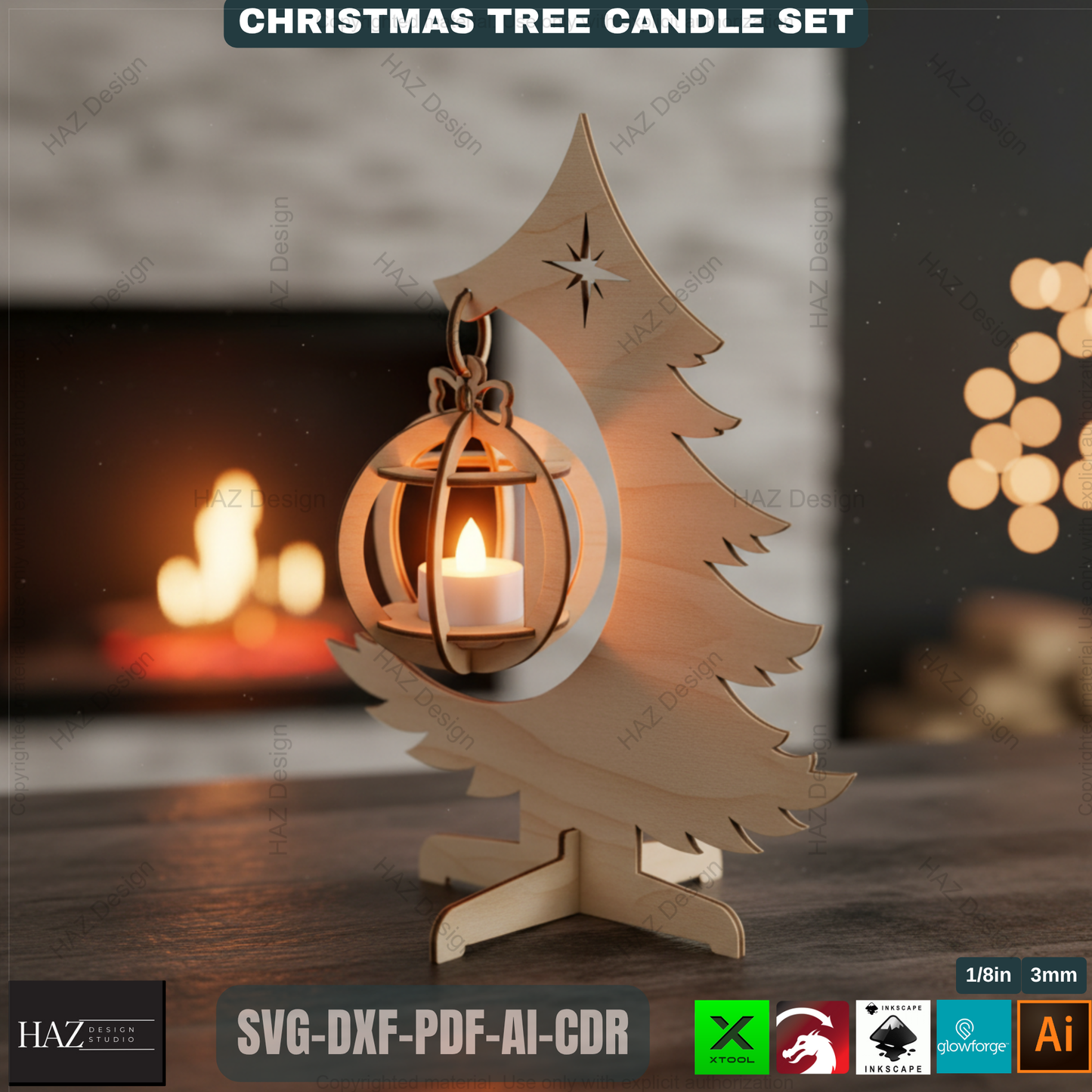 Title: Christmas Tree Tealight Holders Laser Cut Files Wooden Ornament Candle Stands Xmas Decor Templates Glowforge Xtool SVG 494