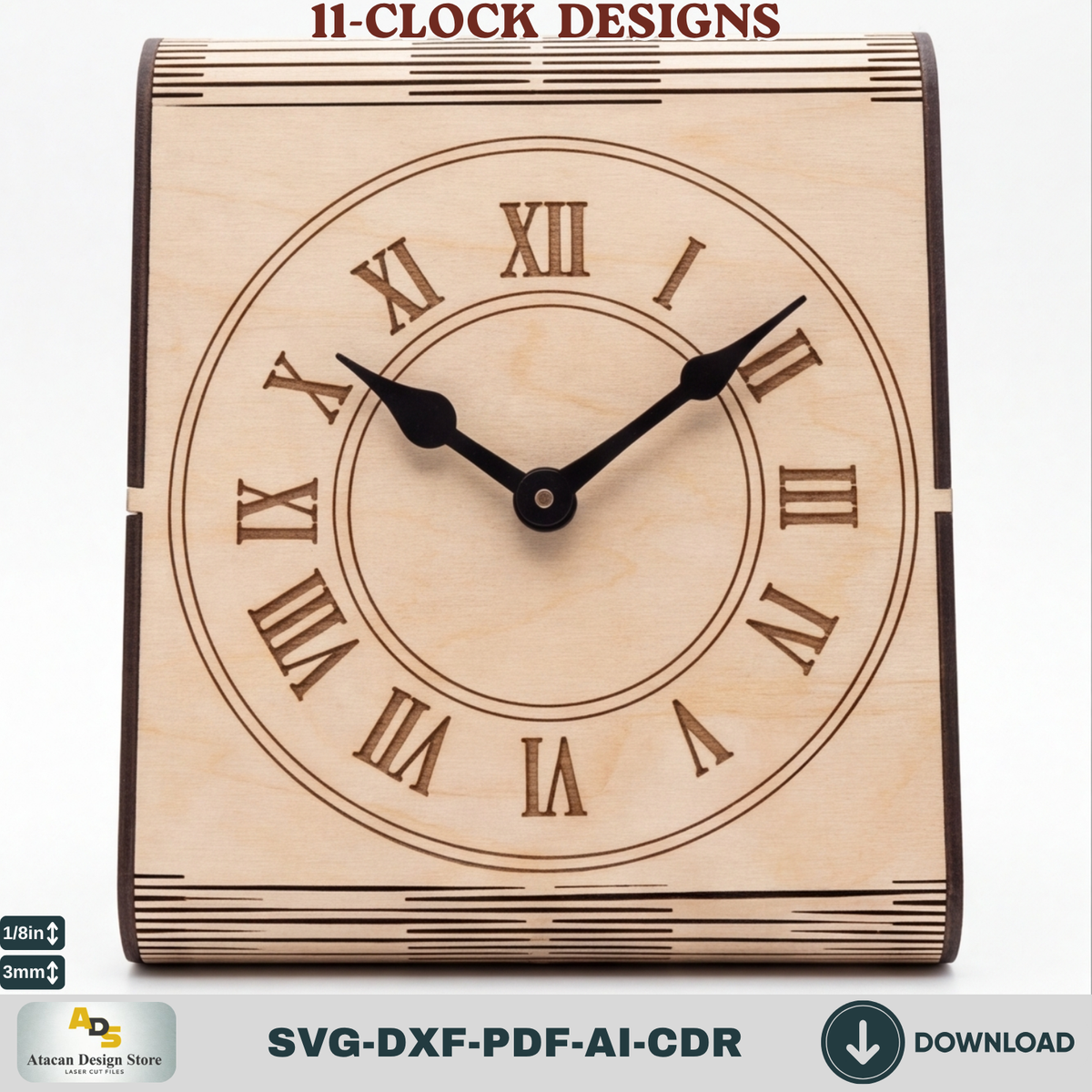Laser Cut Plywood Desk Clock Pattern, Bent Wood Mantel Clock Template, Glowforge xTool Ready 987