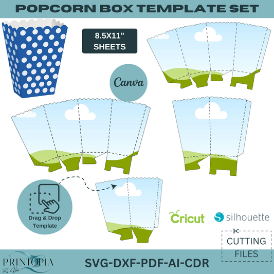 DIY Popcorn Box Template Set | svg DXF pdf ai CDR Files | 8.5x11" Printable Party Favor Boxes for Cricut, Silhouette, & Canva 167