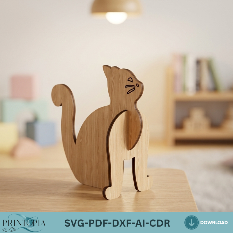Standing Wood Cat Laser Cut Files Plywood Animal Silhouette Decor Template