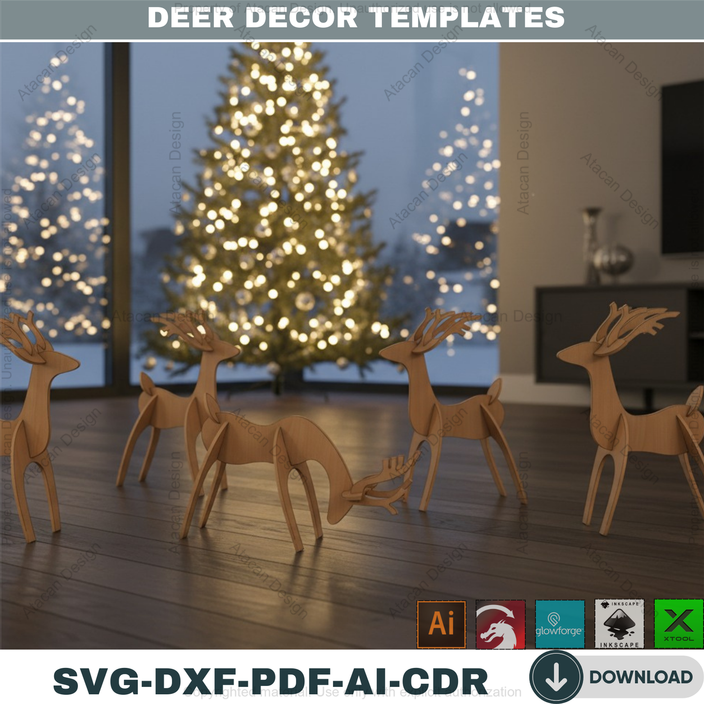 Christmas Deer Laser SVG Cutting Template / Wooden Reindeer DXF Cnc files / Glowforge Digital Download 126