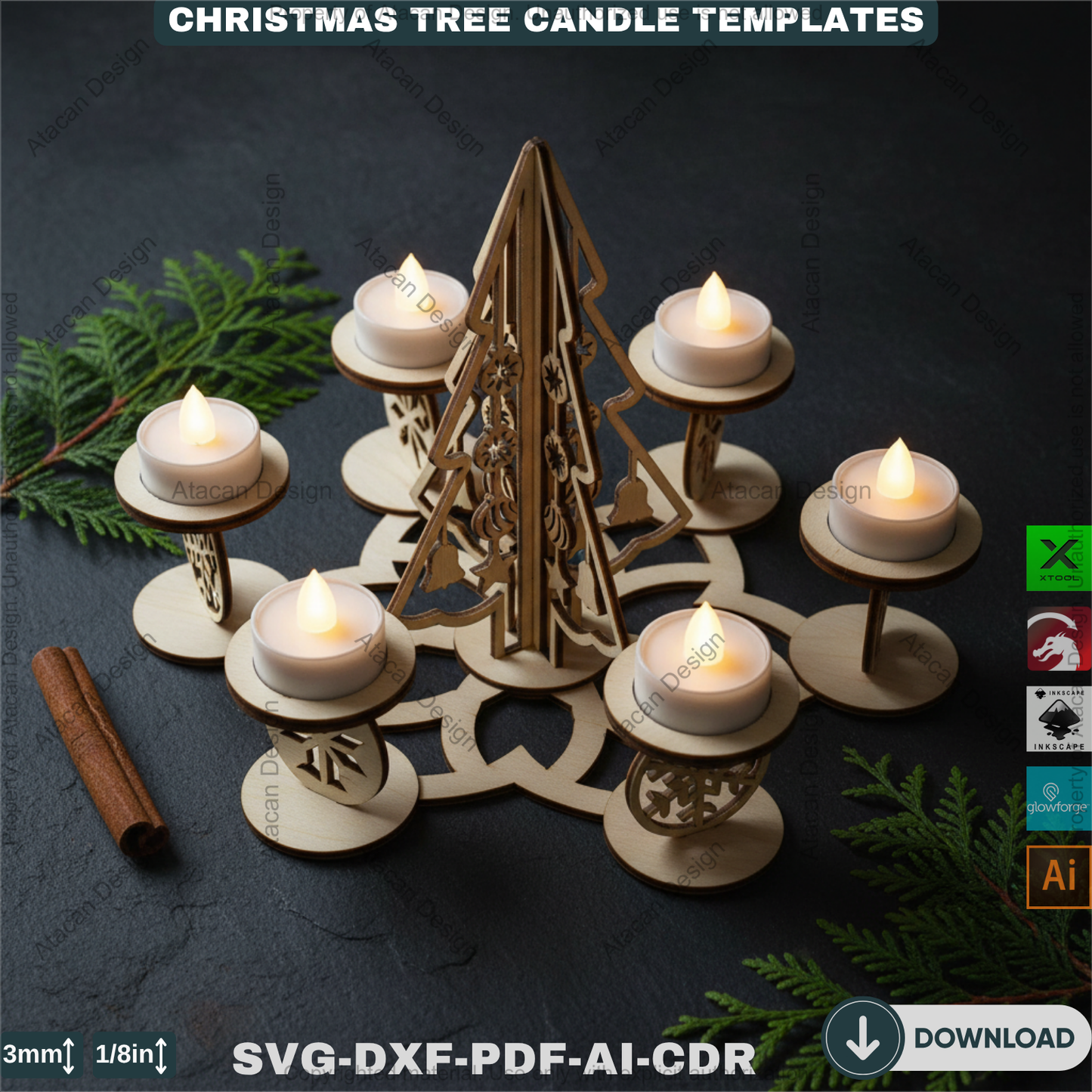 Festive Christmas Tree Tea Light Holder Laser Cut Digital Template, Holiday Advent Wreath Candle Stand, New Year Snowflake Tealight Decor 911