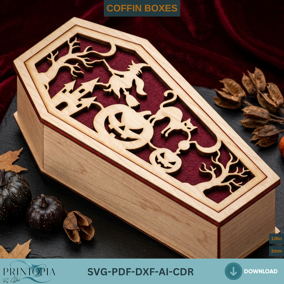 Halloween Coffin Box Laser Cut, Gothic Casket Keepsake Box Template, Wooden Spooky Gift Box