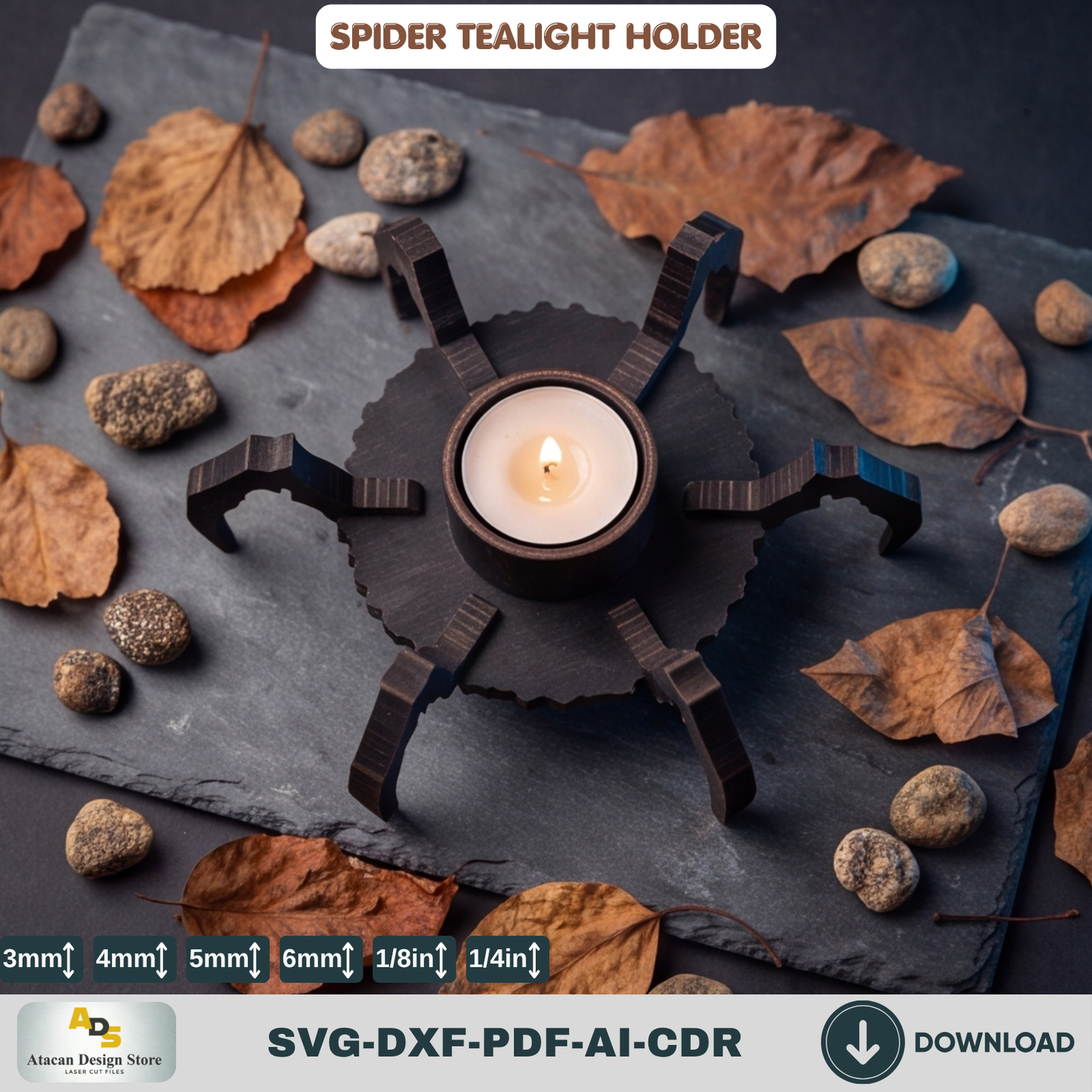 Spider Tealight Holder Halloween Candle Laser Cut Wood Template SVG File