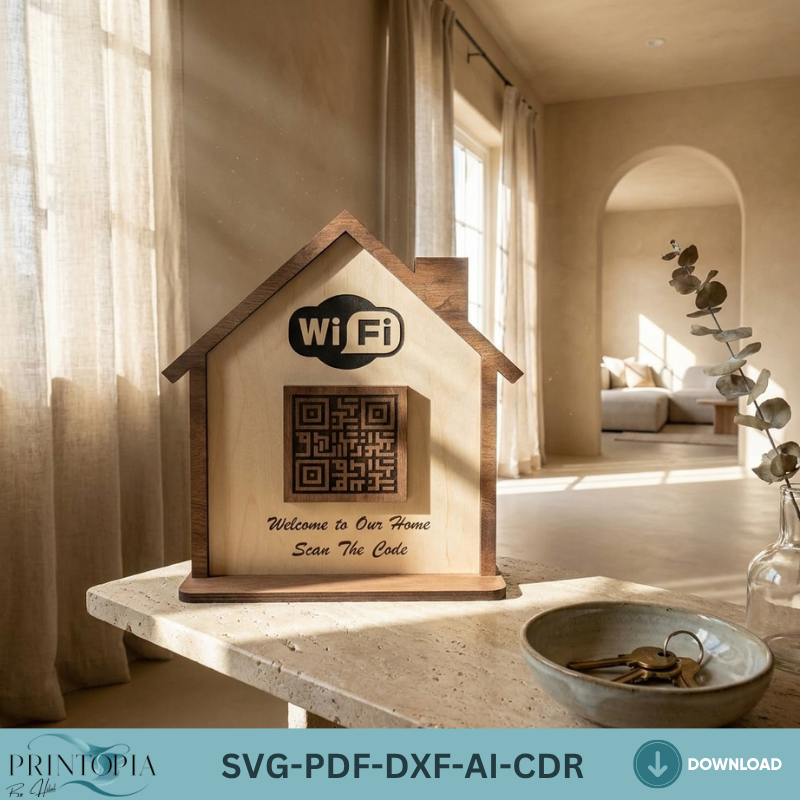 WiFi QR Code Sign Laser Cut Template House Shape Wooden Guest WiFi Password Sign