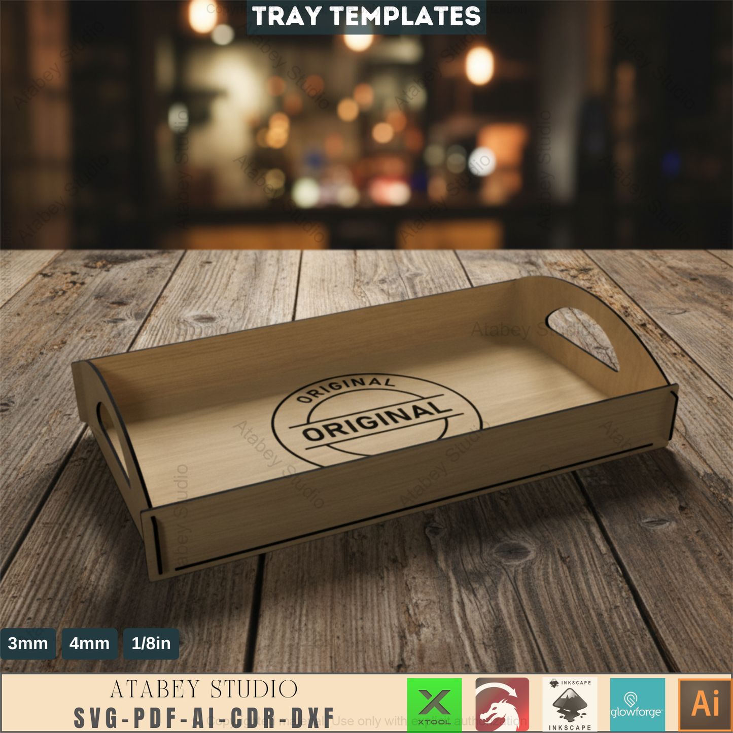 Kitchen Wood Trays / Flat Breakfast Tray With Handles / Serving Trays Laser Cut Files SVG, DXF, CDR Download 547