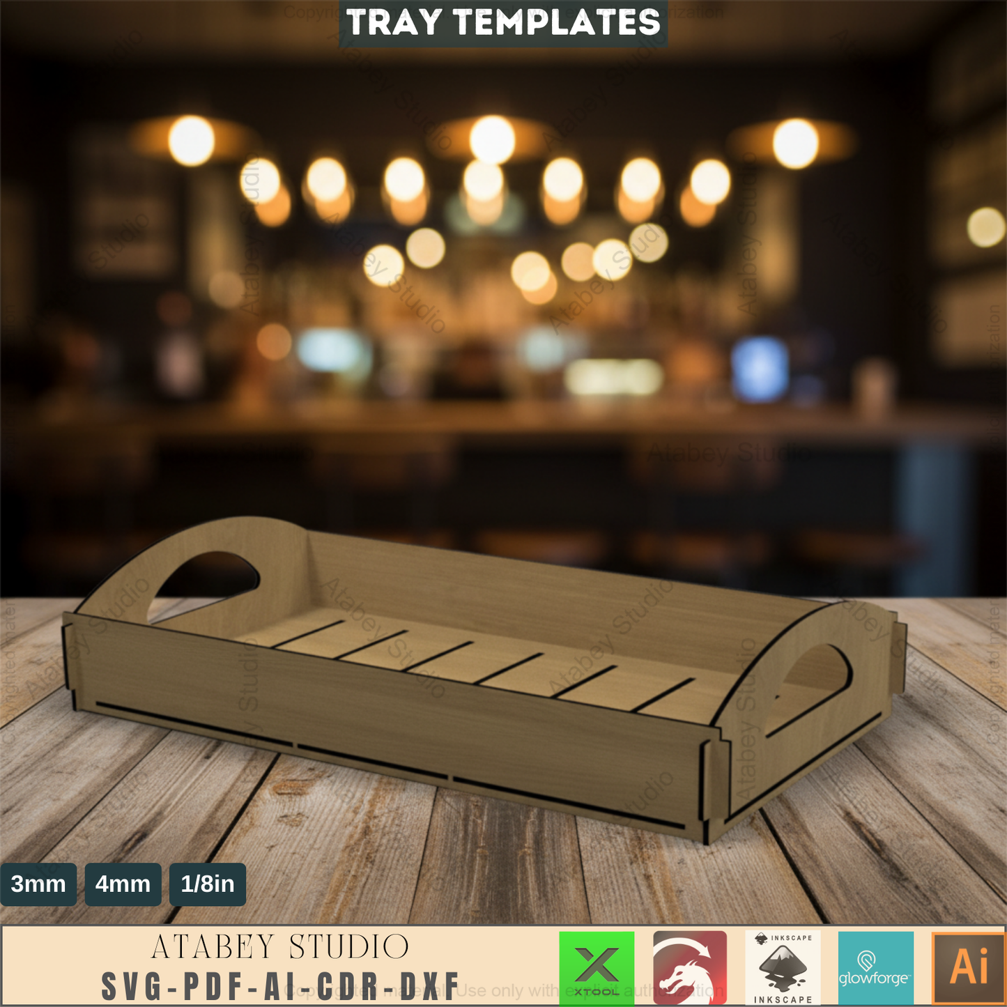 Kitchen Wood Trays / Flat Breakfast Tray With Handles / Serving Trays Laser Cut Files SVG, DXF, CDR Download 547