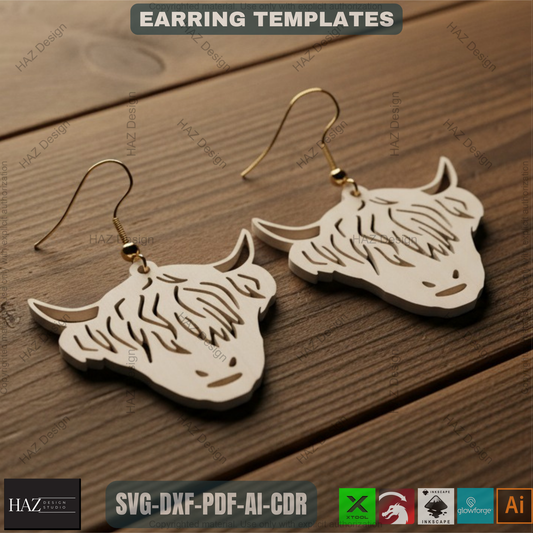 Highland Cows Earring Set / High Land Cow Cutting Files / Jewelry Design SVG DXF Ai CDR 336