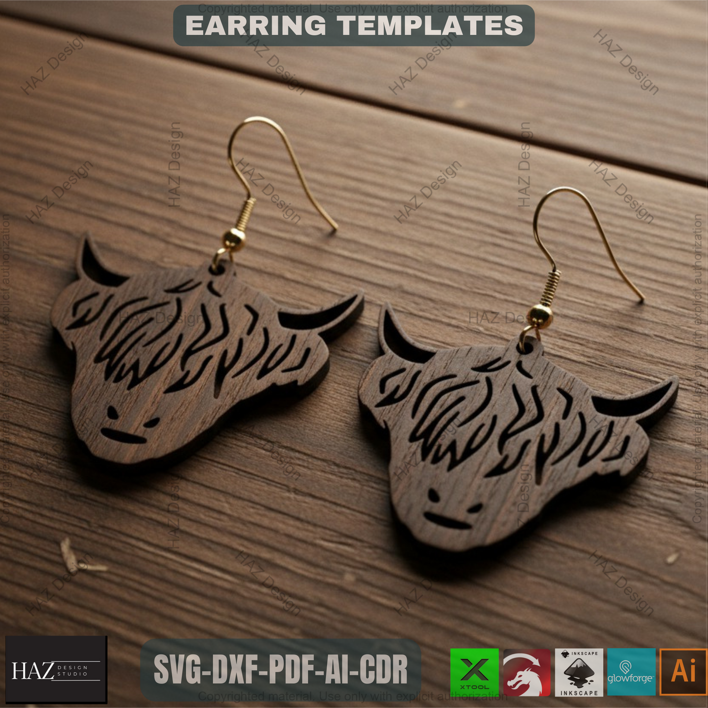 Highland Cows Earring Set / High Land Cow Cutting Files / Jewelry Design SVG DXF Ai CDR 336