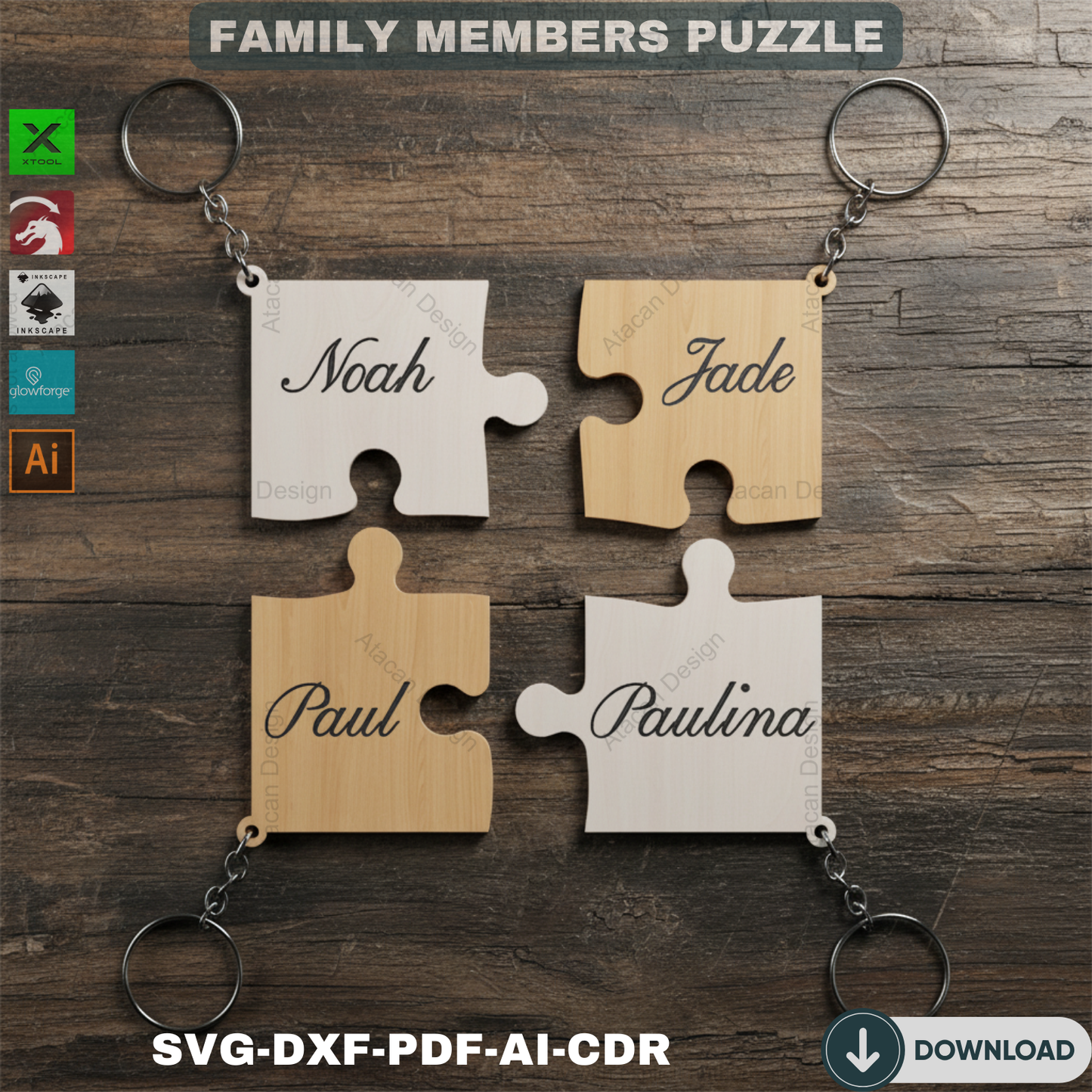 Family Puzzle Keychain Vector Cut Files / Our Family Puzzles / Keyring Personalize Vector files / SVG DXF CDR 542