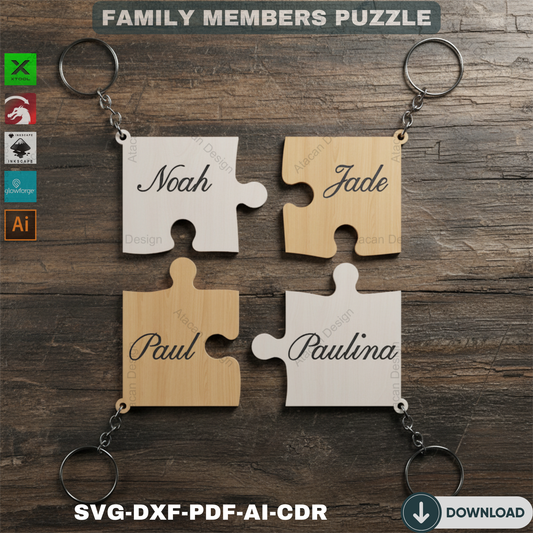 Family Puzzle Keychain Vector Cut Files / Our Family Puzzles / Keyring Personalize Vector files / SVG DXF CDR 542