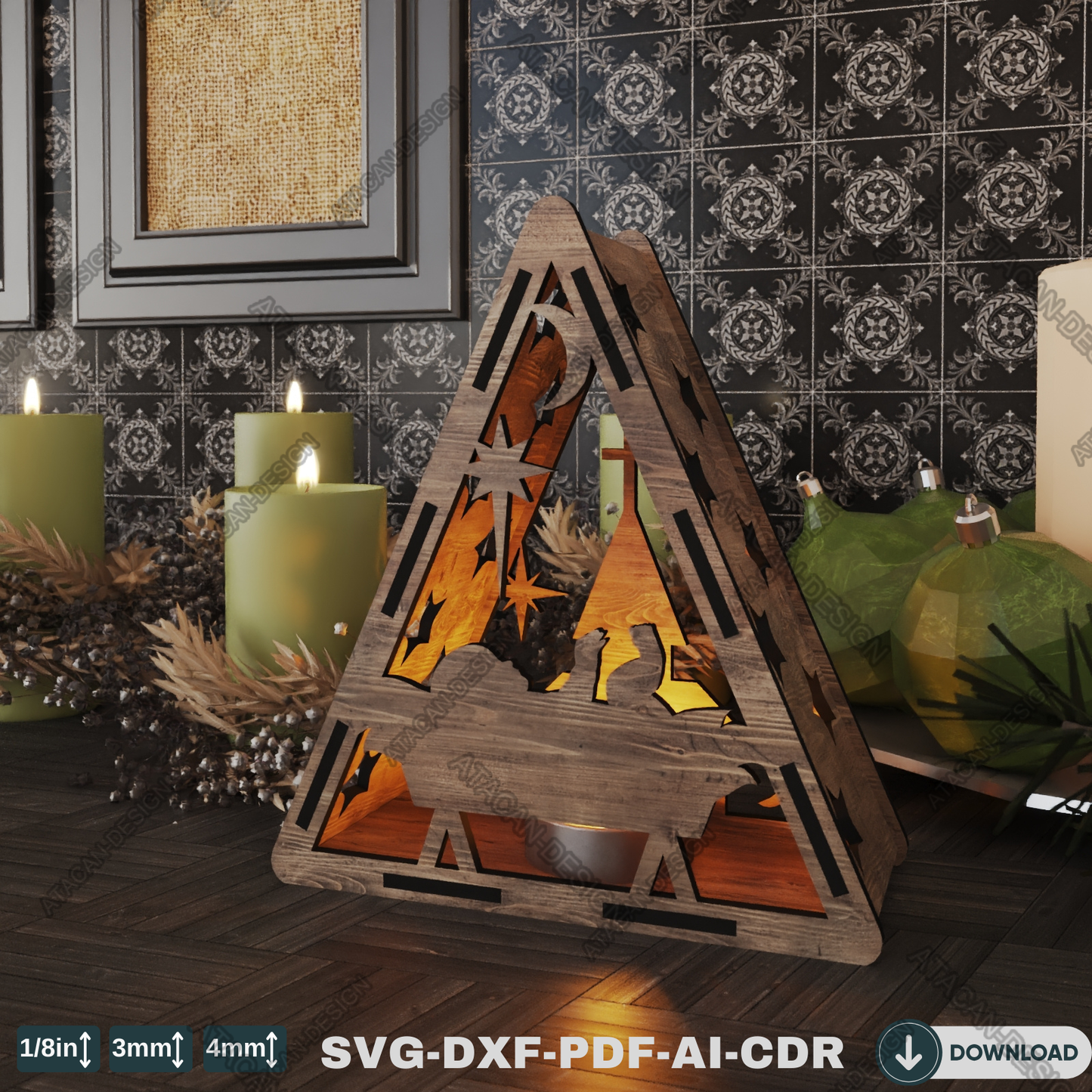 Religious Triangle Lantern - Laser Cut Candle Holder for Christmas and Home Décor 777