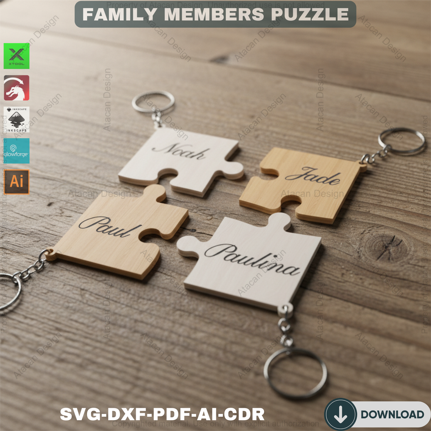 Family Puzzle Keychain Vector Cut Files / Our Family Puzzles / Keyring Personalize Vector files / SVG DXF CDR 542