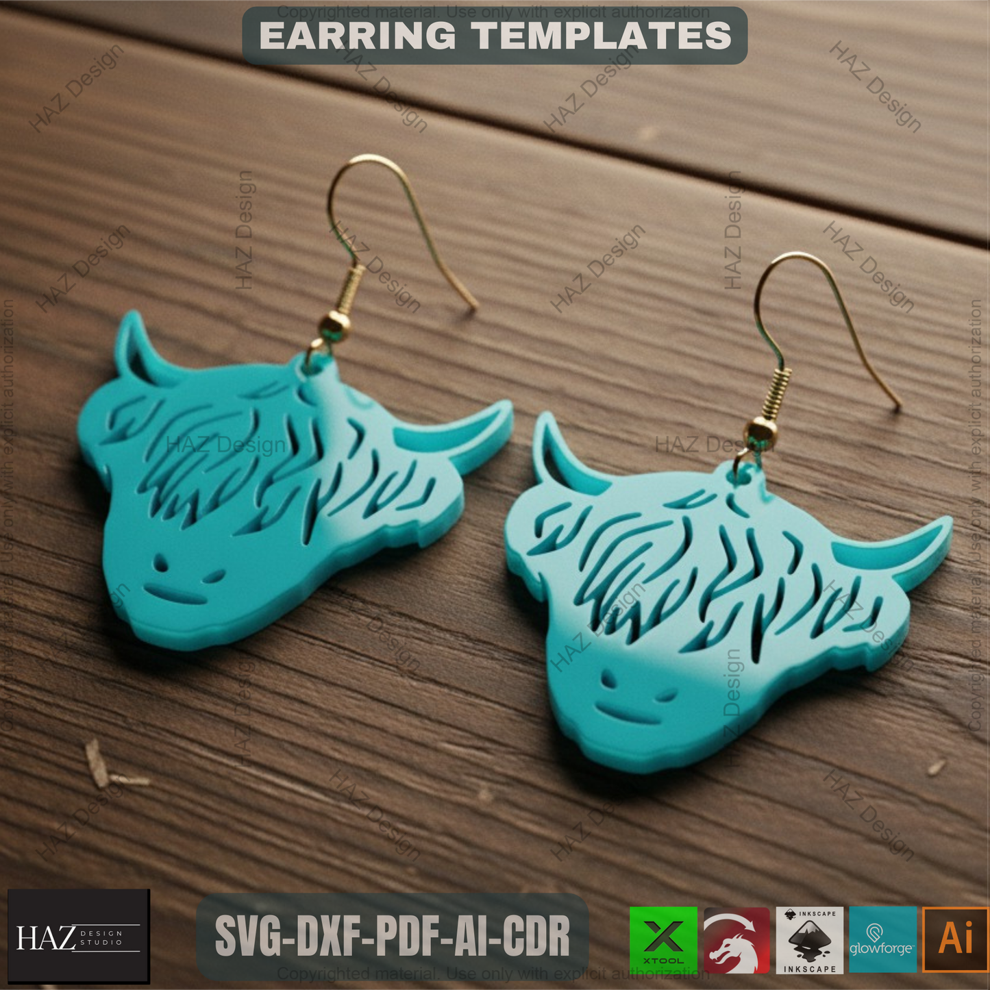 Highland Cows Earring Set / High Land Cow Cutting Files / Jewelry Design SVG DXF Ai CDR 336