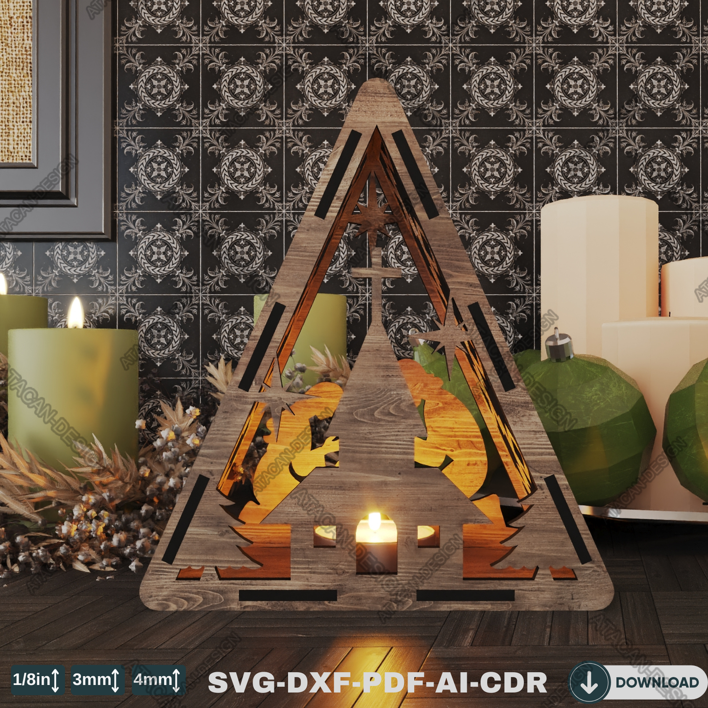 Religious Triangle Lantern - Laser Cut Candle Holder for Christmas and Home Décor 777