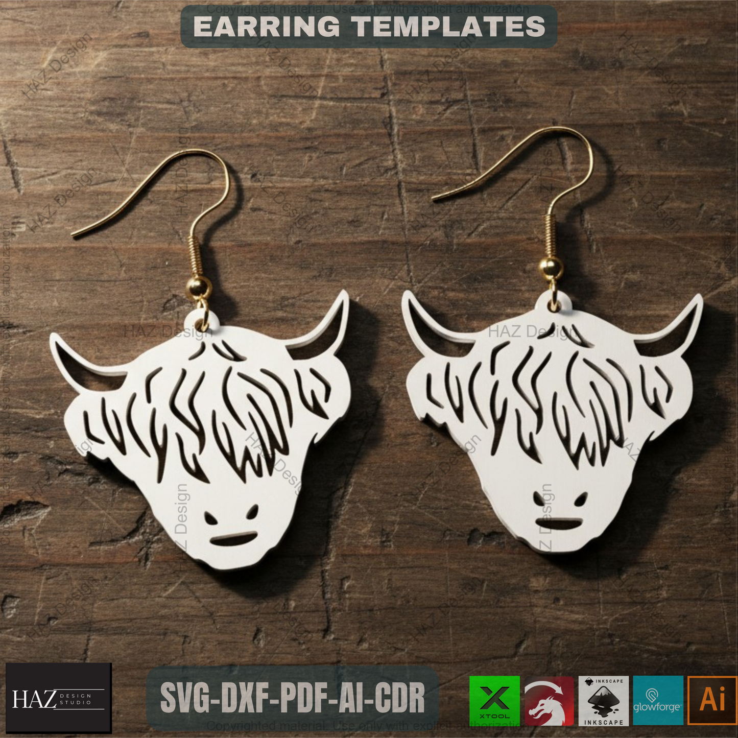 Highland Cows Earring Set / High Land Cow Cutting Files / Jewelry Design SVG DXF Ai CDR 336