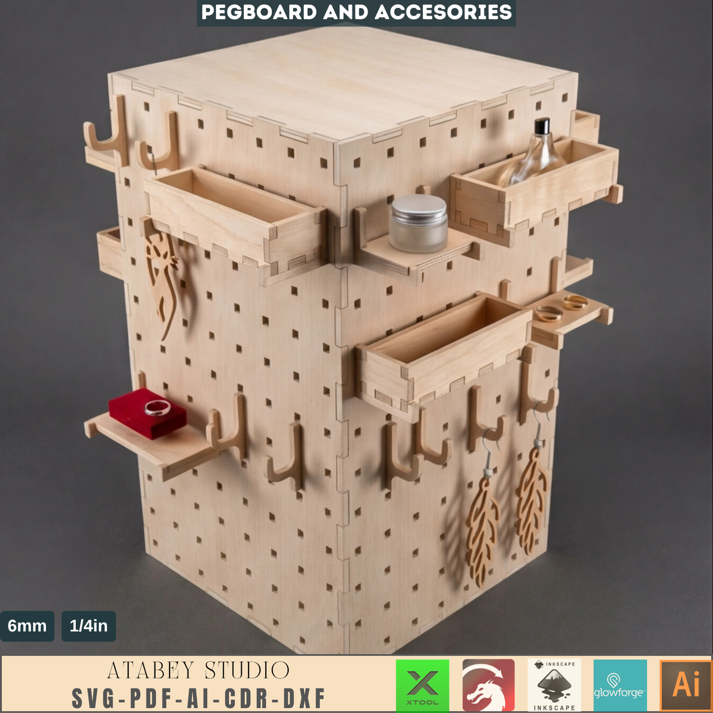 Multi Functional Pegboard Box Earring Display - Jewelry Stand with Hooks and Shelves
