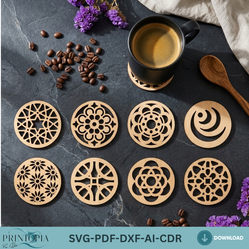 Modern Geometric Floral Wood Coaster Templates Plywood Kitchen Decor Patterns
