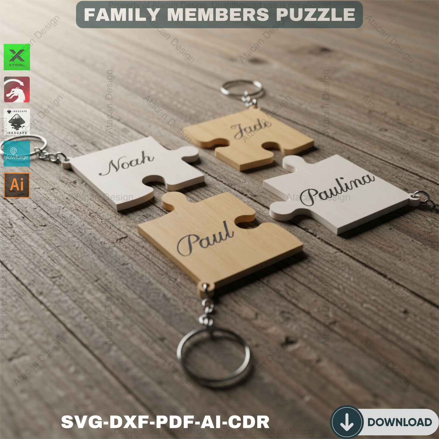 Family Puzzle Keychain Vector Cut Files / Our Family Puzzles / Keyring Personalize Vector files / SVG DXF CDR 542