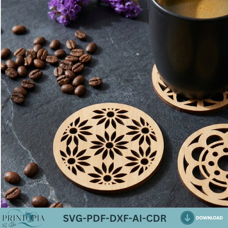 Modern Geometric Floral Wood Coaster Templates Plywood Kitchen Decor Patterns