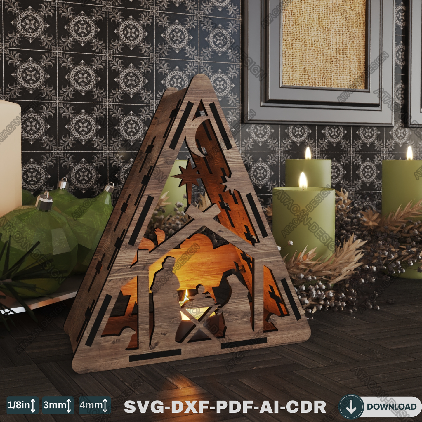 Religious Triangle Lantern - Laser Cut Candle Holder for Christmas and Home Décor 777