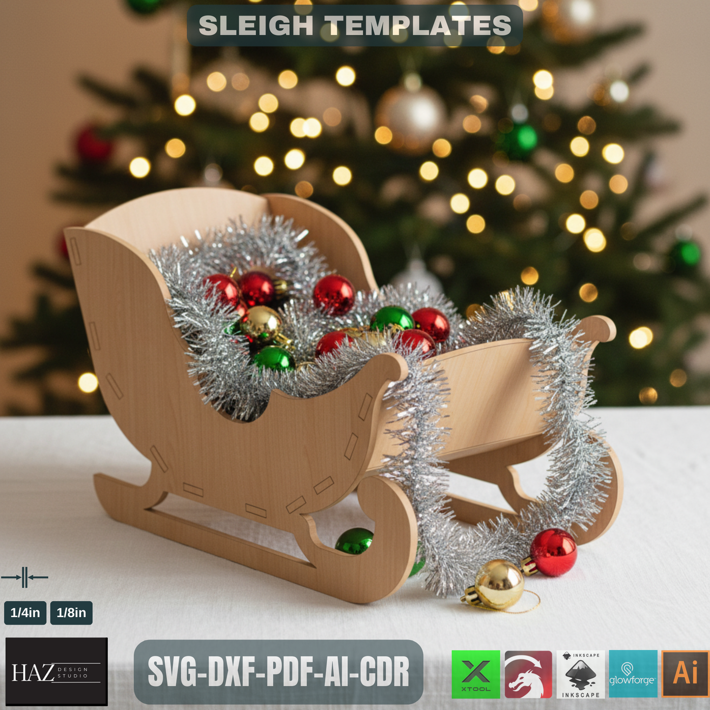 Santa Sleigh Christmas Collection / New Year Sleighs decor / Glowforge ready, Wooden Craft DIY 126