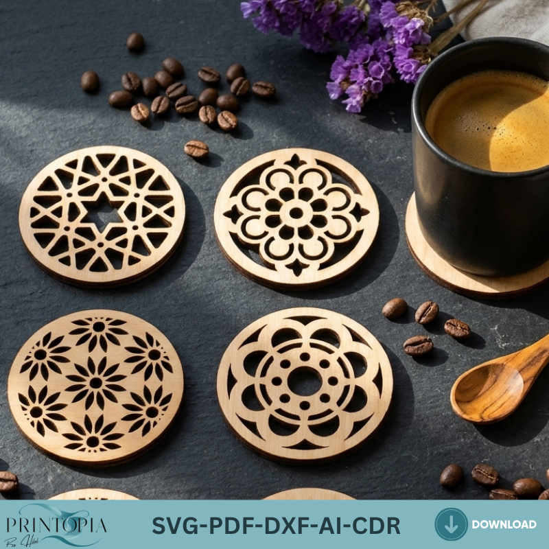 Modern Geometric Floral Wood Coaster Templates Plywood Kitchen Decor Patterns