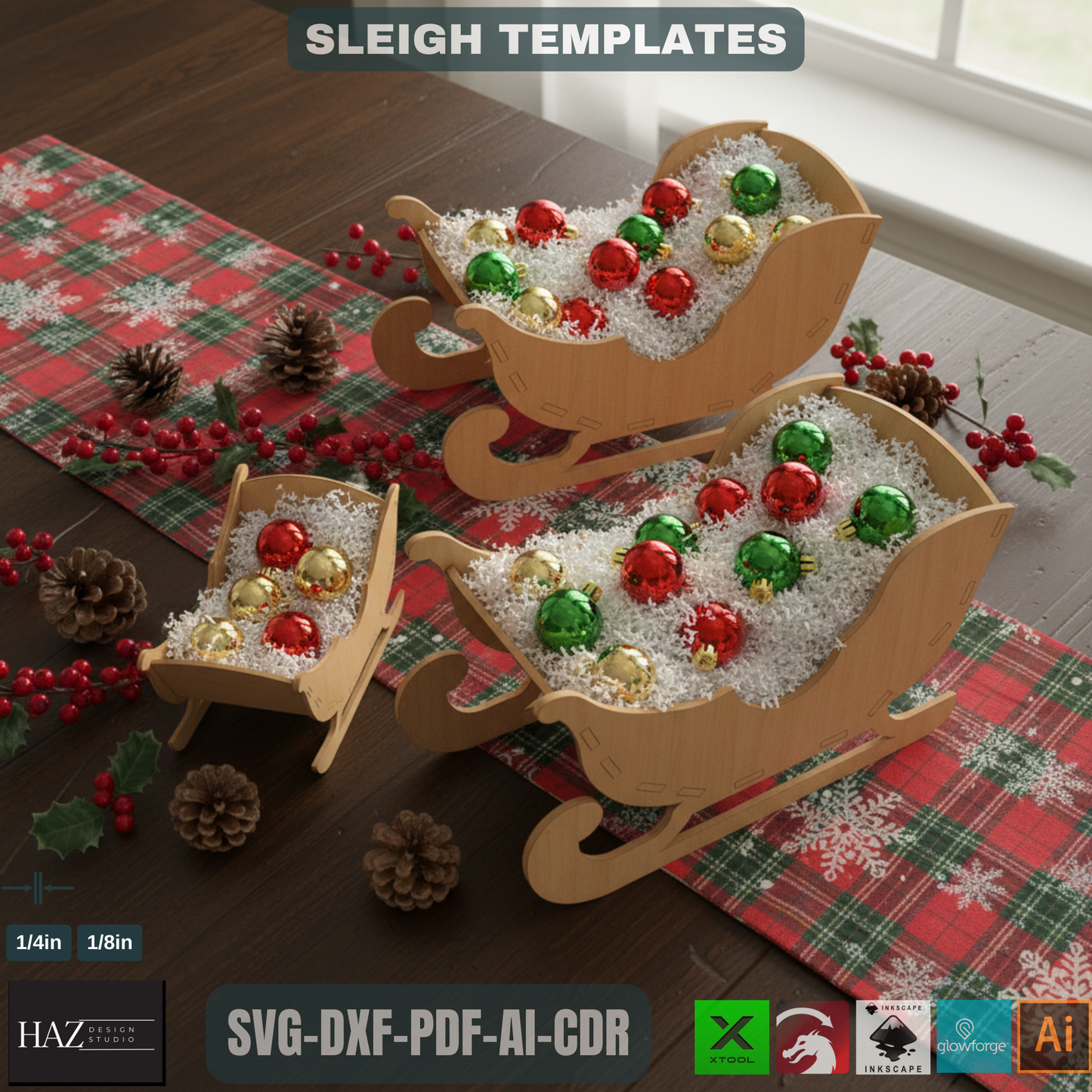 Santa Sleigh Christmas Collection / New Year Sleighs decor / Glowforge ready, Wooden Craft DIY 126