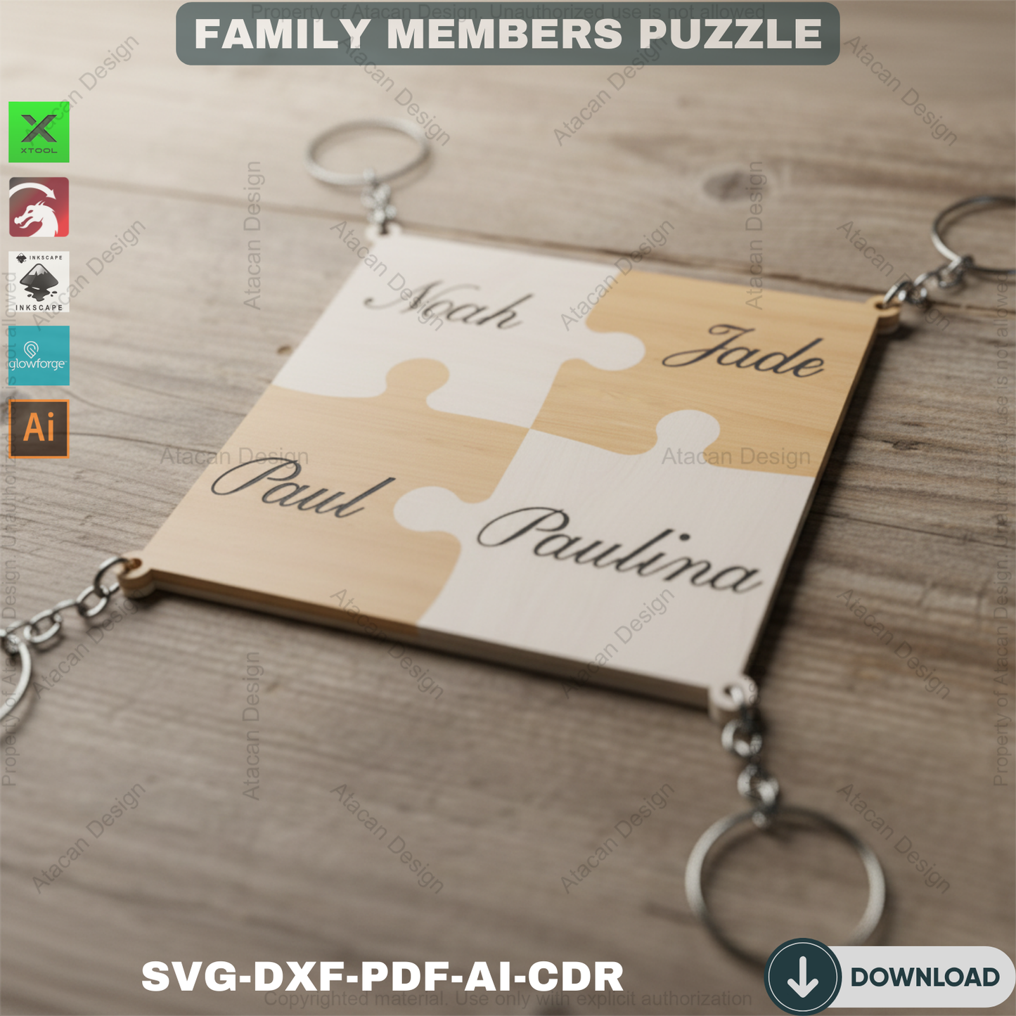Family Puzzle Keychain Vector Cut Files / Our Family Puzzles / Keyring Personalize Vector files / SVG DXF CDR 542