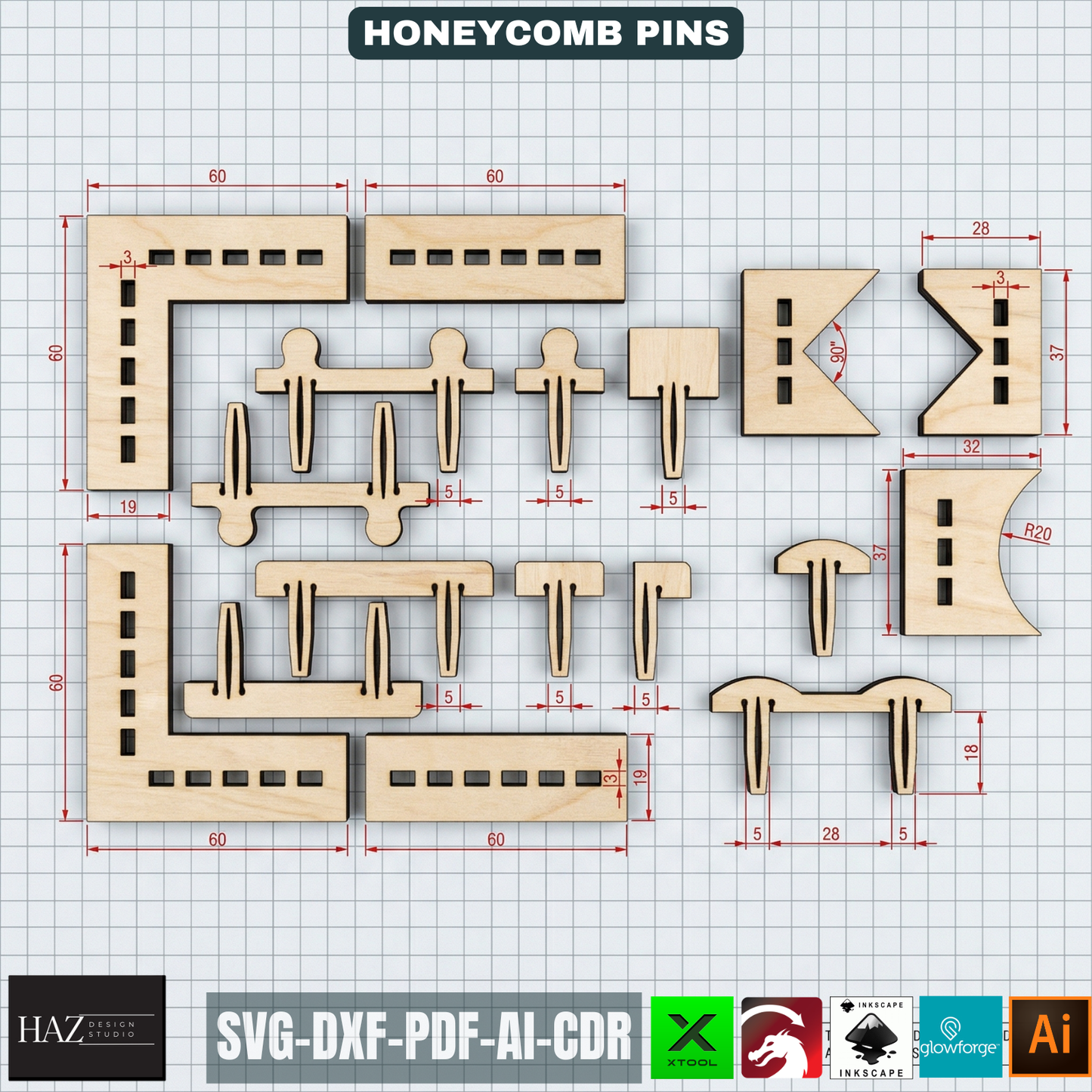 Honeycomb Bed Pins /  Board Hold Down Pins / Glowforge and xTool Laser Cut 092