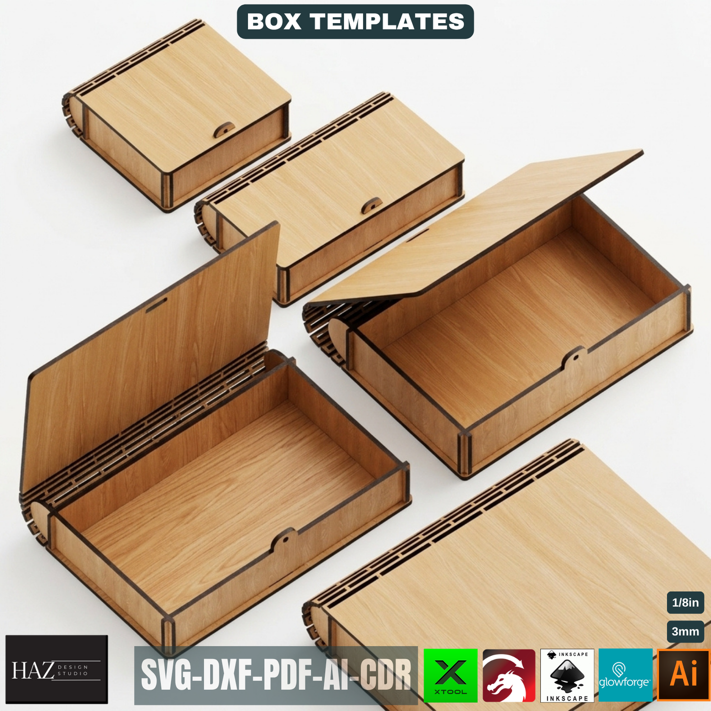 Wooden Keepsake Boxes Living Hinge Box Bundle 5 Sizes, Modern Wood Storage Templates 528