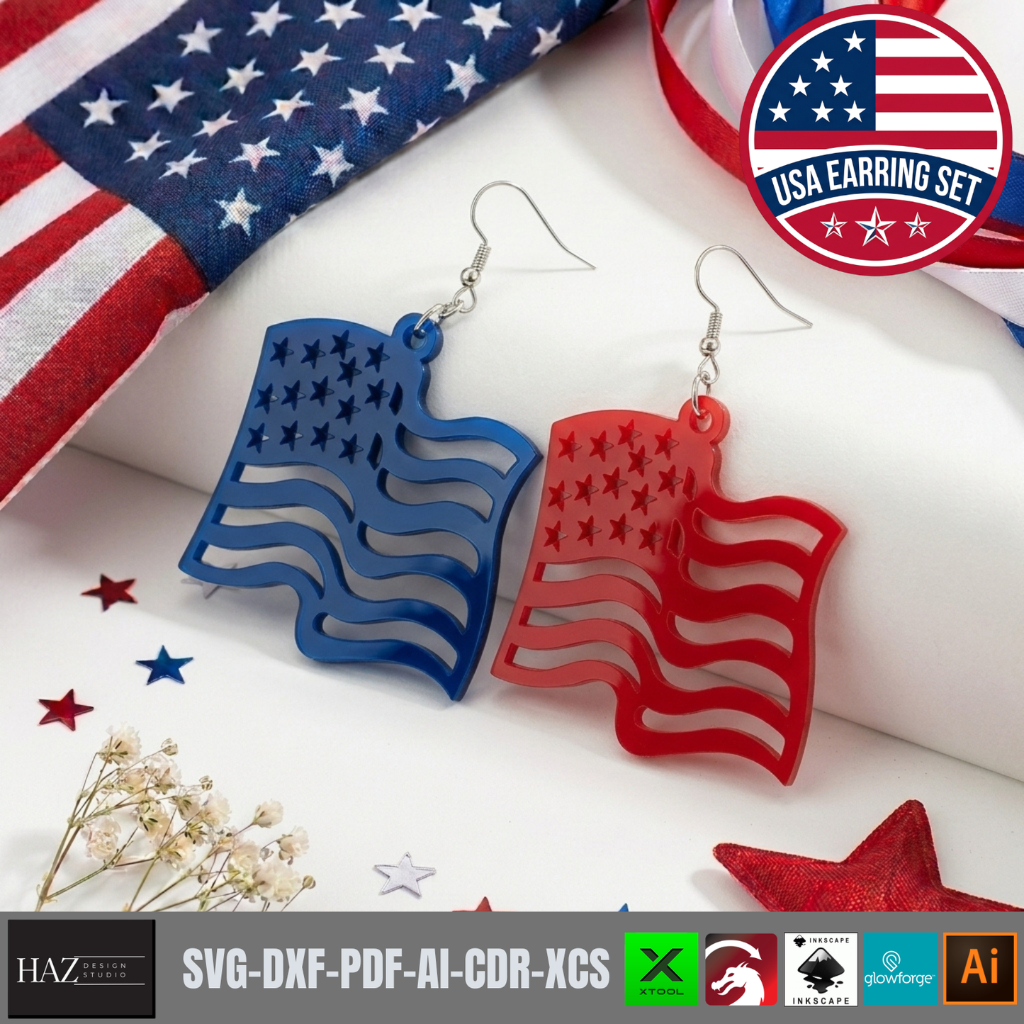 USA Flag Earring SVG Bundle, 4th of July Laser Cut File, Patriotic Acrylic Earring Template, Veteran Gift