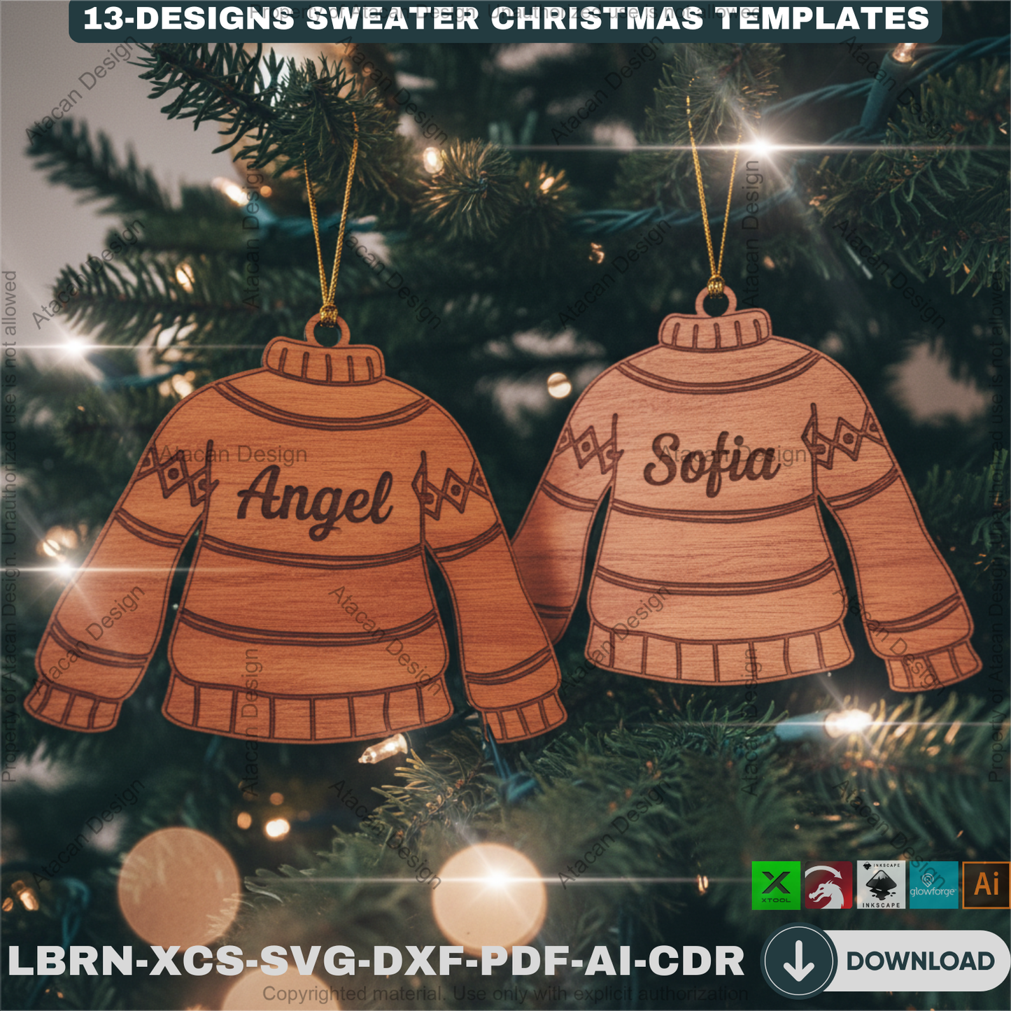Personalized Sweater Christmas Ornament Bundle | 13 Holiday Designs | Laser Cut Template Set for DIY Xmas Gifts 918