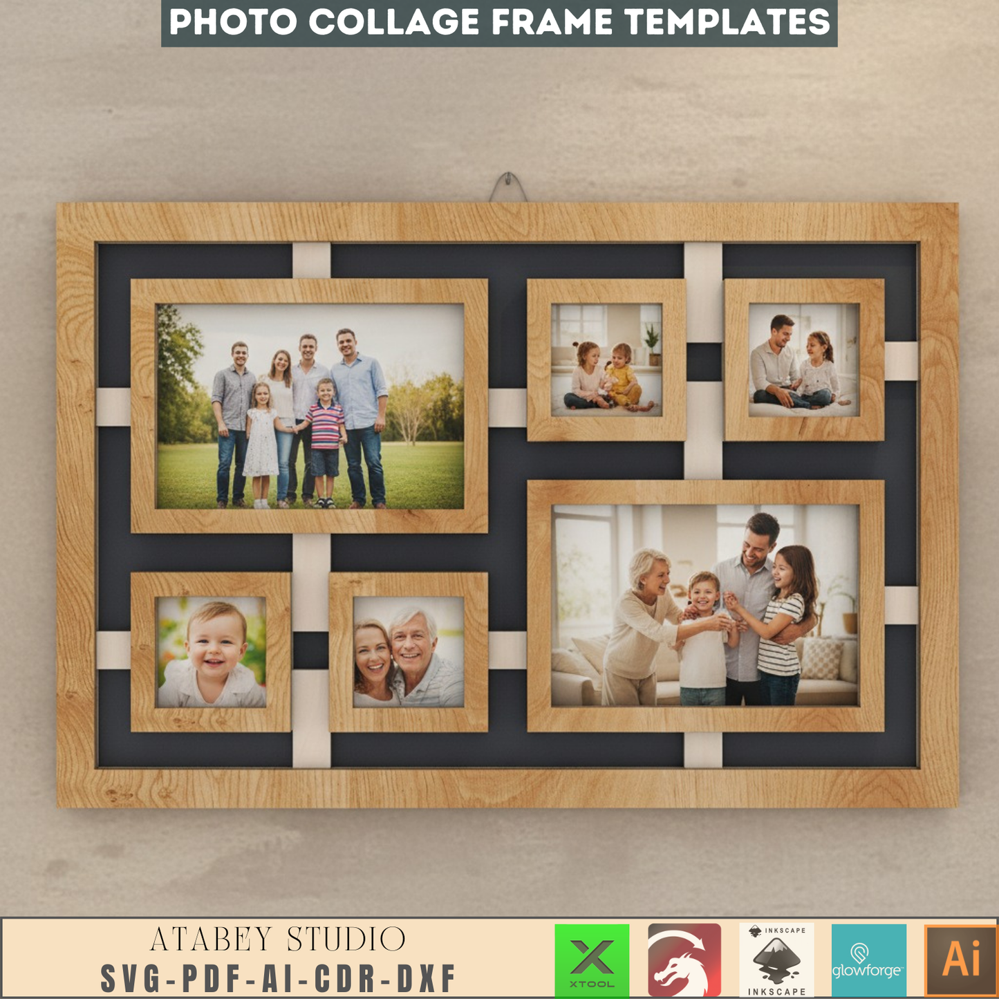 Customizable Family Photo Collage Frame SVG DXF Laser Cut File - Multi-Picture Template for Wood & Acrylic - DIY Gift