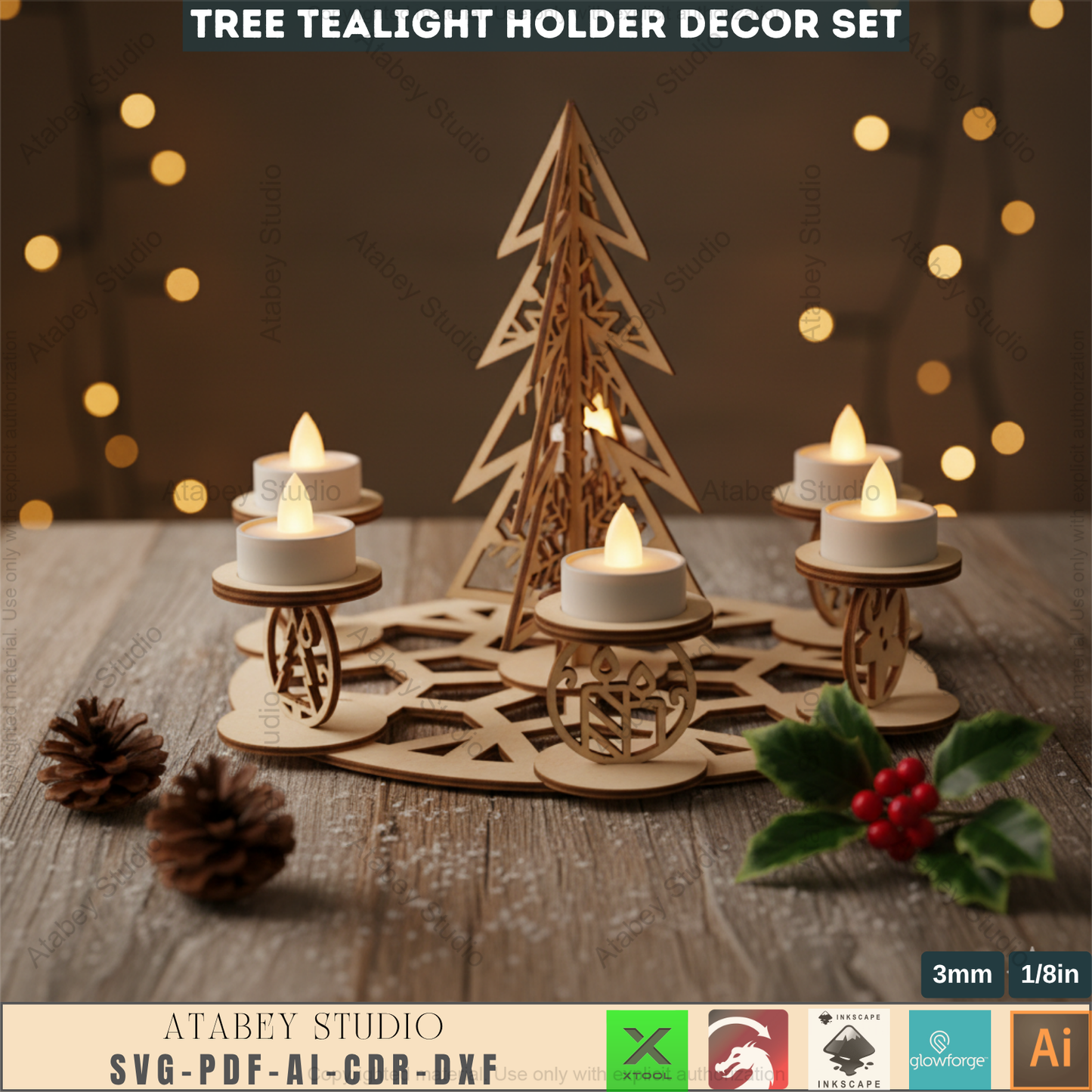 Festive Tree Lantern, Holiday Tea Light, New Year Themed Laser Cut Digital Download, Laser File Christmas Candles Tealight Holder Trees File Candle holder Christmas SVG, Christmas Snowflake trees candles Advent wreath laser file tealight  968