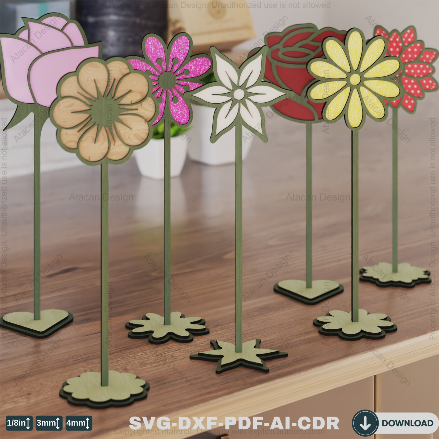 Wooden Stand Flowers Laser Cut Design | Decorative Wildflower Vector for Glowforge,Wildflower Decorative Stand Template 820