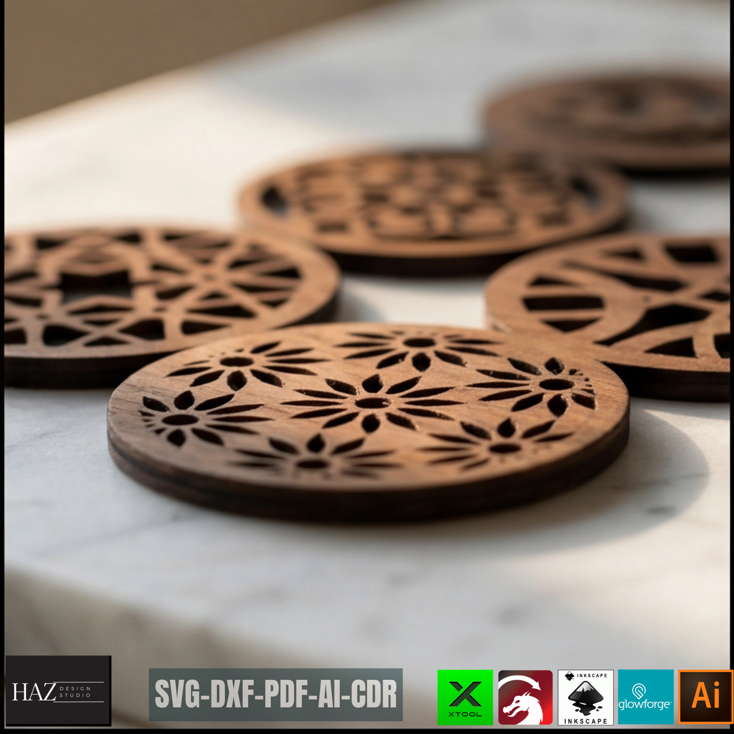Round Coasters Laser Cut Template, Floral Wooden Drink Mat Pattern, Coaster Set Design