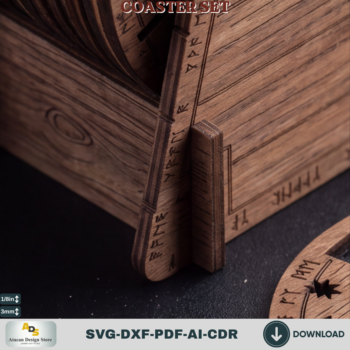 Norse Rune Coaster Template with Stand, Celtic Card Suit Drink Coasters, Laser Cut Bar Gift Bundle