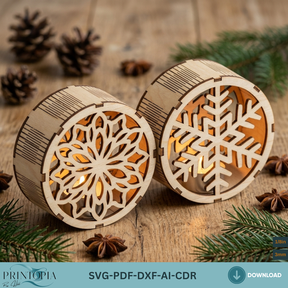 Laser Cut Christmas Night Light Bundle, Round Wooden Lanterns, DIY Holiday Candle Holder Designs 380