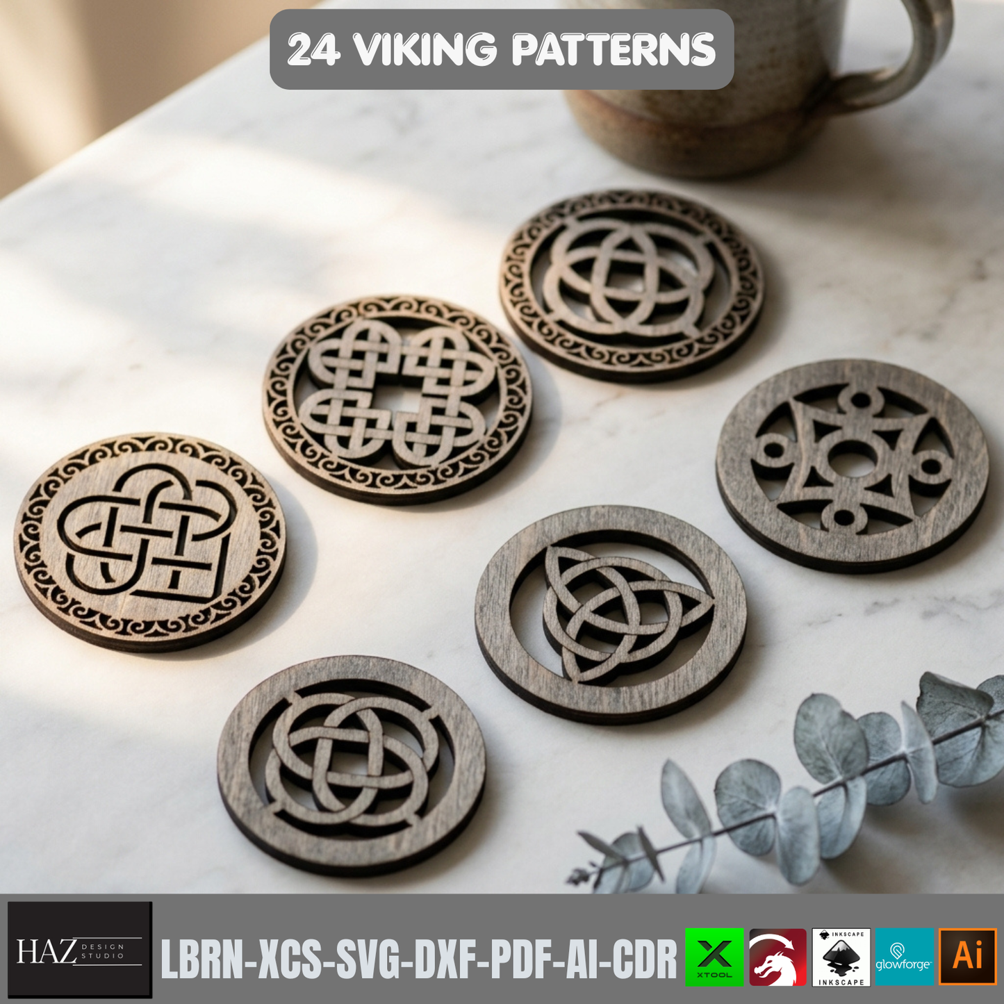24 Viking Celtic Knot Coaster Laser Cut Patterns Bundle Norse Mythology Wood