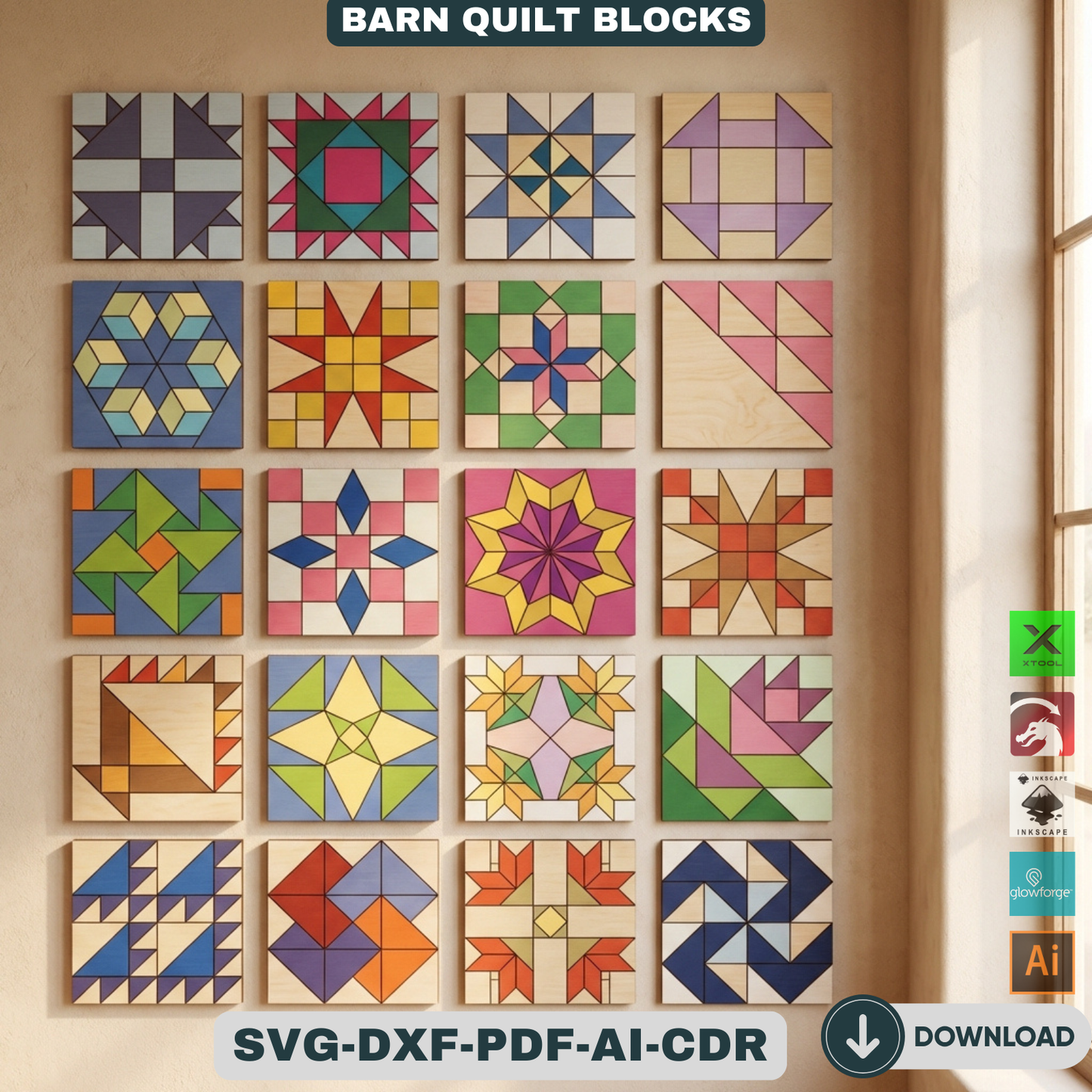 Quilt Block Patterns Laser Cut Template Modern Mosaic Wood Wall Art Farmhouse Decor DIY Patchwork Sign 936