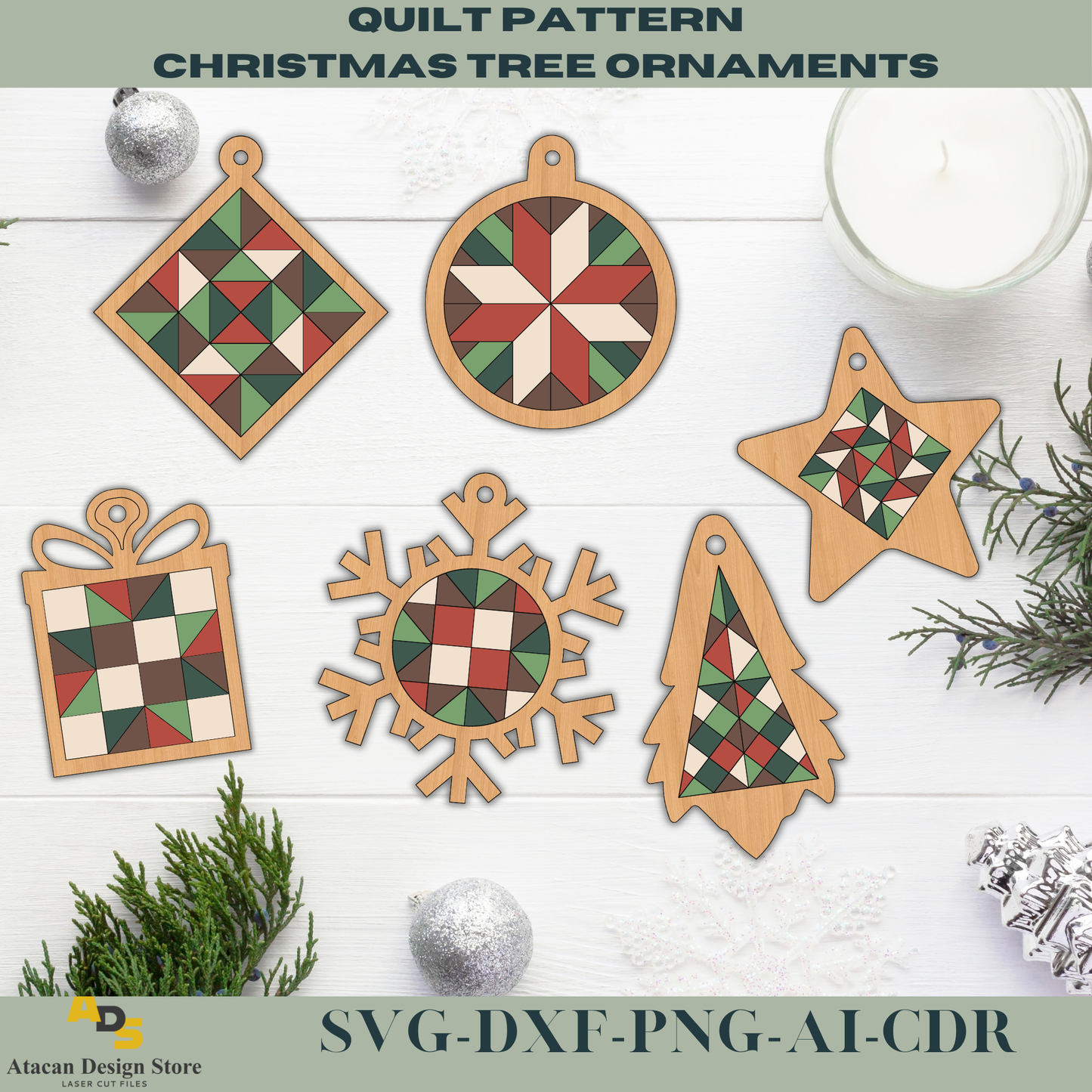 Quilt Pattern Christmas Tree Ornaments – Unique Laser Cut Holiday Decor 731