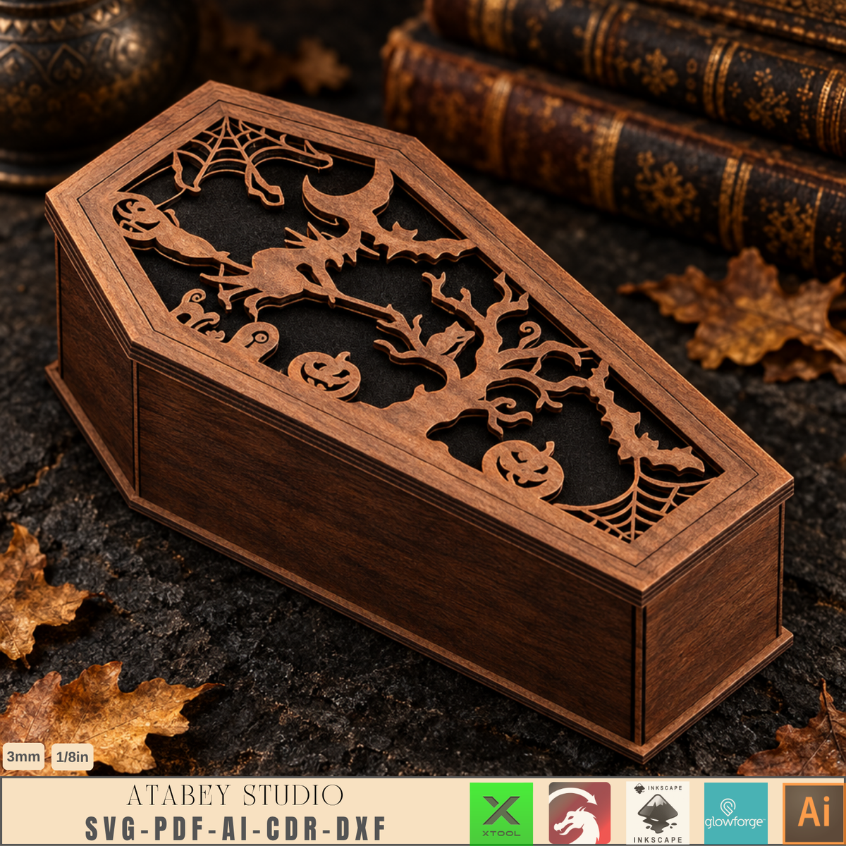 Halloween Coffin Box Laser Cut Bundle, Gothic Wooden Keepsake Casket, Trick or Treat Candy Box 1025