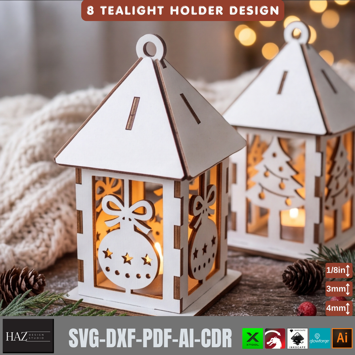 8 Christmas Tealight Lantern Laser Cut Pattern Wooden Candle Holder Template